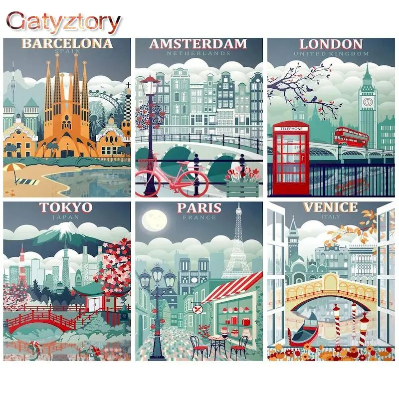 

GATYZTORY Illustration Frame Painting By Numbers Modern City Landscape Acrylic Picture By Number Diy Handwork For Home Decors