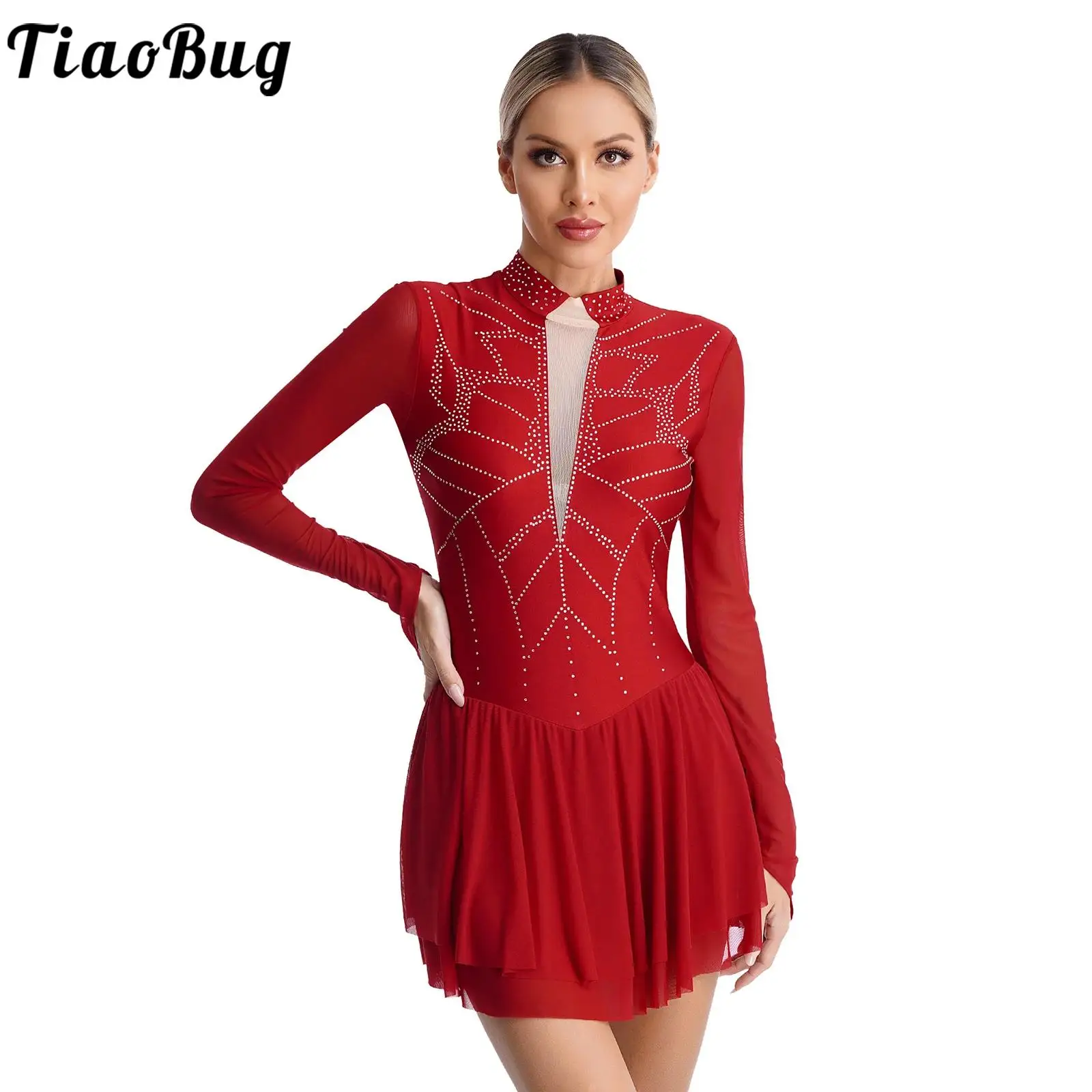 

Womens Long Sleeve Figure Skating Dress Shiny Rhinestone Sheer Mesh Tutu Competition Ballet Gymnastics Dance Leotard Dress