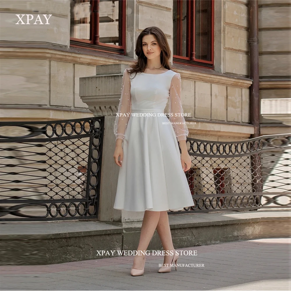 

XPAY Elegant Satin Prom Dresses O-Neck Long Sleeves With Pearls Knee-Length Modest Dubai Arabia Evening Gowns Formal Party Dress