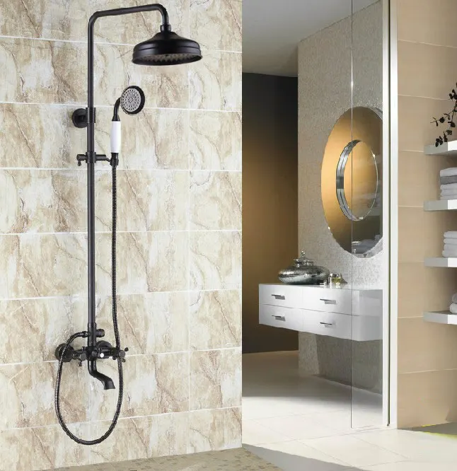 

Black Oil Rubbed Brass Bathroom Faucet Set Wall Mount Rainfall/Handheld Shower Bath Tub Cold And Hot Mixer Tap Kit Dhg041