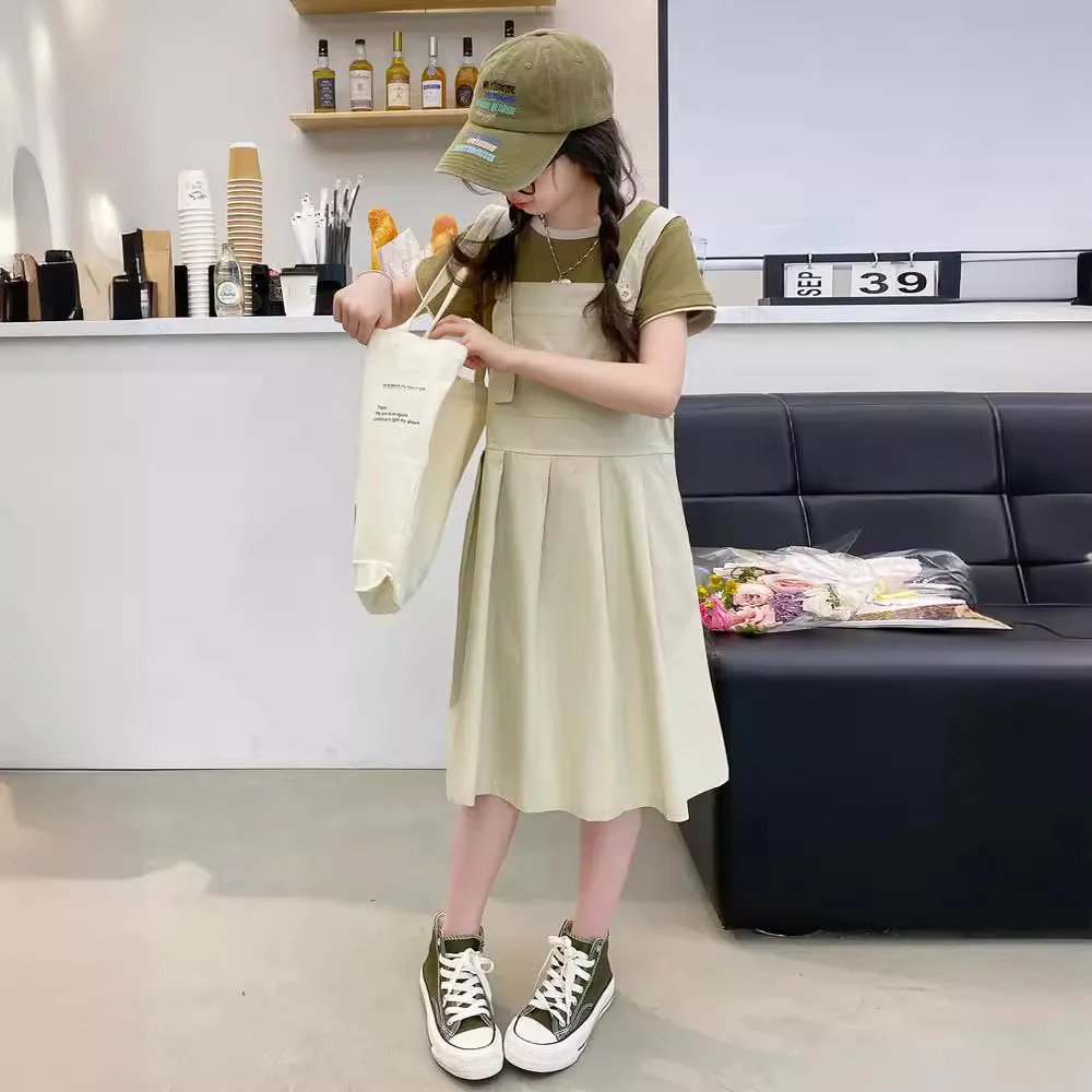

Korean Summer Junior Top And Bottom Clothes Set Juniro Girl Shirtl Sleeve Tops+Suspender Skirt Sets Girls From 4-12 Years Old
