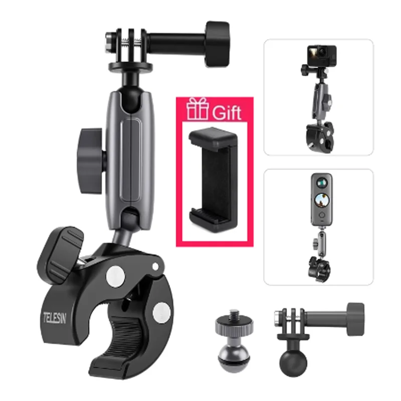 

Fhx-25B For Insta360 One RS Motorcycle Cycling Crab Claw Clip Magic Arm 360° Adjustment Super Clamp 1/4" Screw For DJI Action 2