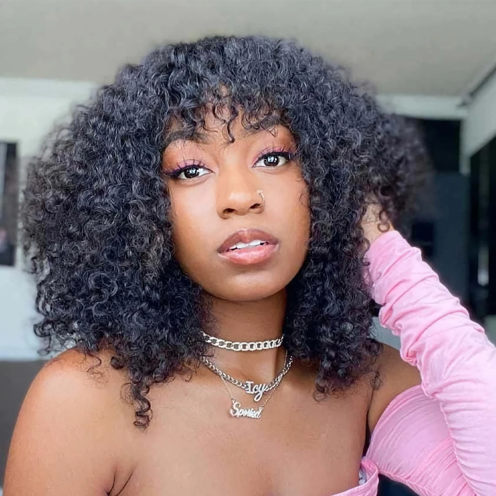 

Mongolia Afro Kinky Curly Human Hair Wigs with Bangs Pixie Cut Short BOB Full Machine Made Wig 250% Density Fringe Wig for Women