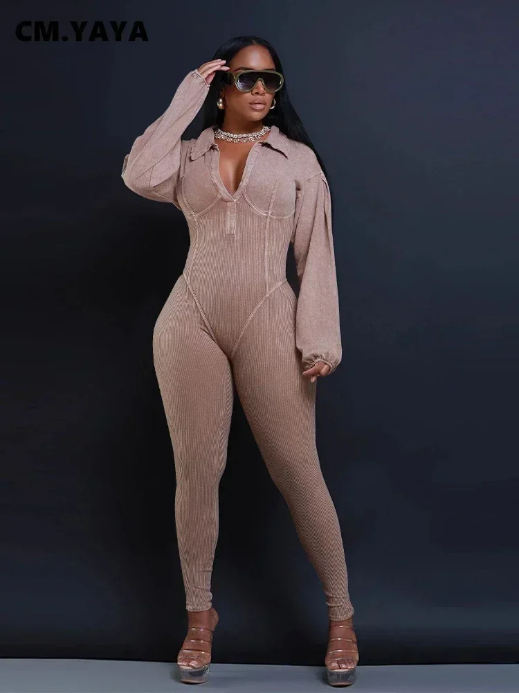 

Fashion Women Knit Ribbed Turn-down Collar Long Sleeve Jumpsuit 2024 Autumn Street Active Playsuit One Piece Suit Romper