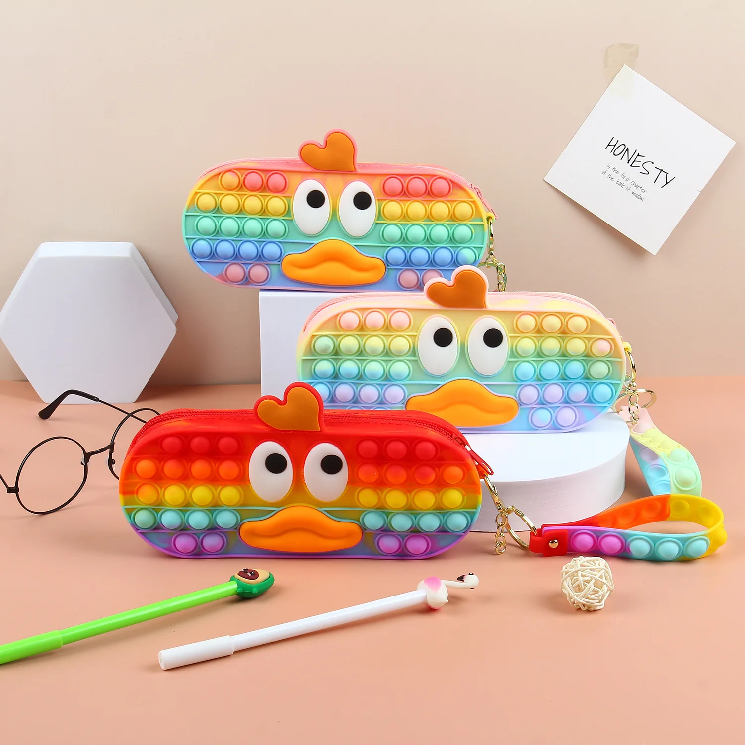

Duck Antistress Pops Fidget Toy Bag Push Its Bubble Pencil Case Children Stress Reliever Squeeze Toys Soft Squishy Kids Gifts