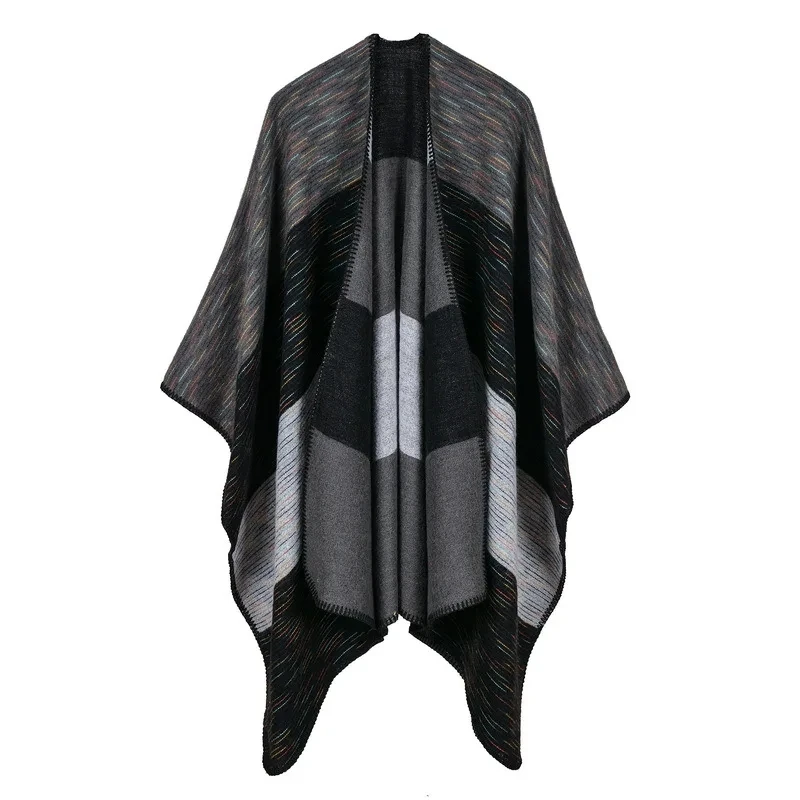 

European Thickened Autumn Winter Rainbow Wide Strip Dual-purpose Shawl Warm Imitation Cashmere Shawl Cape Ponchos Black