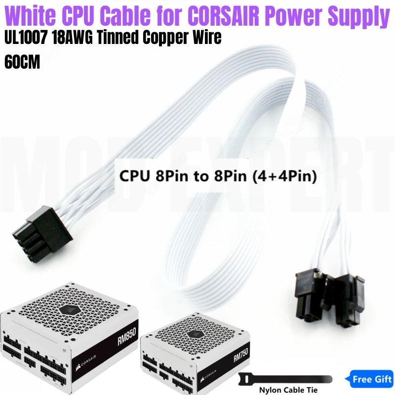 White Corsair CPU Power Cable PSU 8Pin to 4+4Pin EPS 12V for RM750 RM850 RM Series (2021) Modular Power Supply Unit 18AWG 60CM
White Corsair CPU Power Cable PSU 8Pin to 4+4Pin EPS 12V for RM750 RM850 RM Series (2021) Modular Power Supply Unit 18AWG 60CM