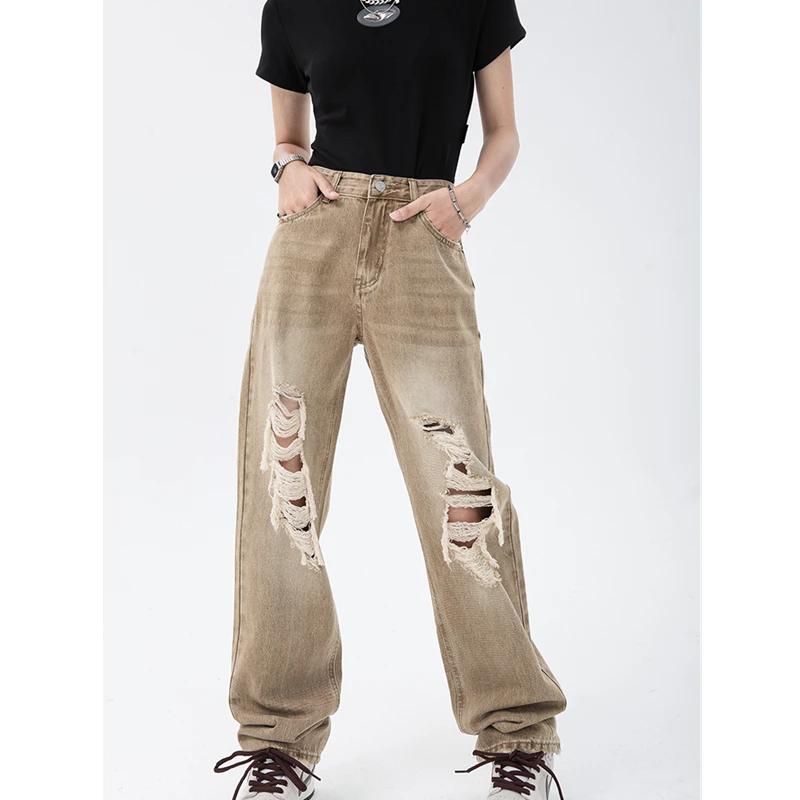 Vintage Khaki Women's Ripped Jeans Fashion Trousers Streetwear High Waist Wide Leg Summer Baggy Casual Straight Mom Denim Pants
Vintage Khaki Women's Ripped Jeans Fashion Trousers Streetwear High Waist Wide Leg Summer Baggy Casual Straight Mom Denim Pants