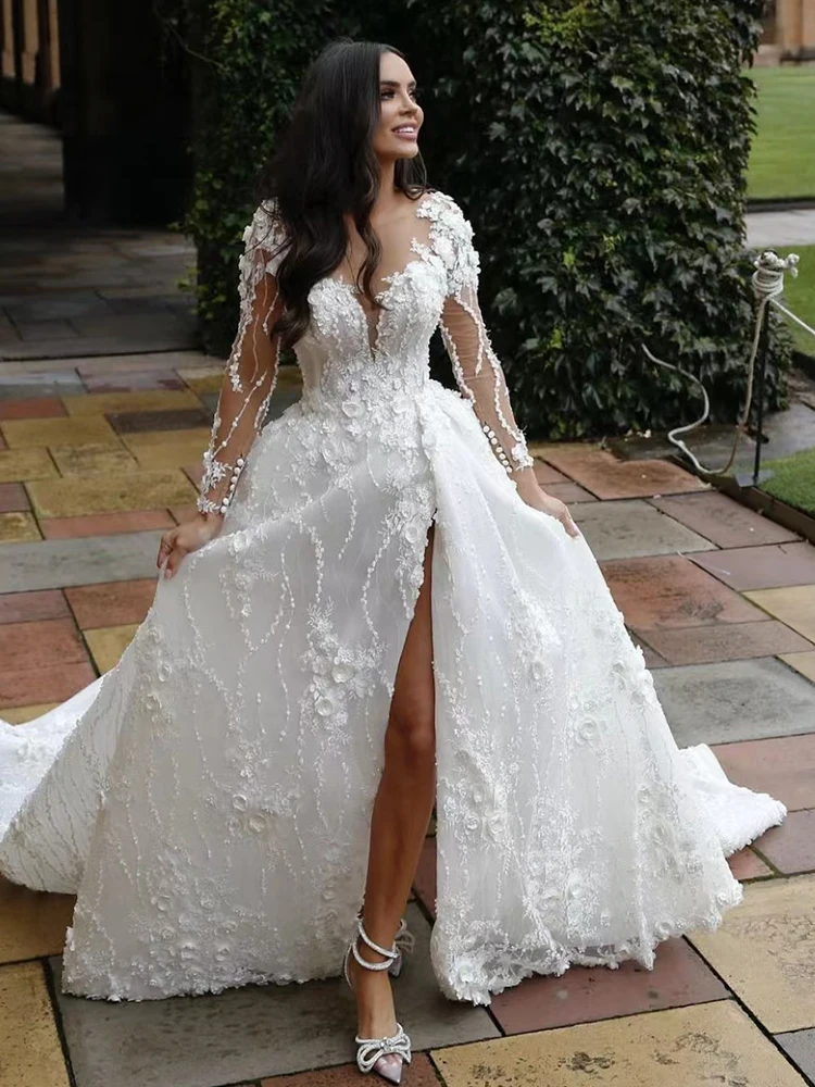 Luxury 2023 O-neck Wedding Dress for Woman Full Sleeve Appliques 3D Flowers Side Slit Bridal Gown Princess Robes De Mariee
Luxury 2023 O-neck Wedding Dress for Woman Full Sleeve Appliques 3D Flowers Side Slit Bridal Gown Princess Robes De Mariee