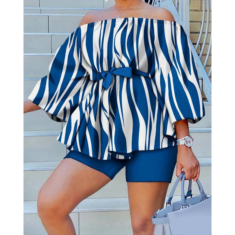 

Plus Size Vacation Blue Tropical Print Off Shoulder Belted Two Piece Short Set