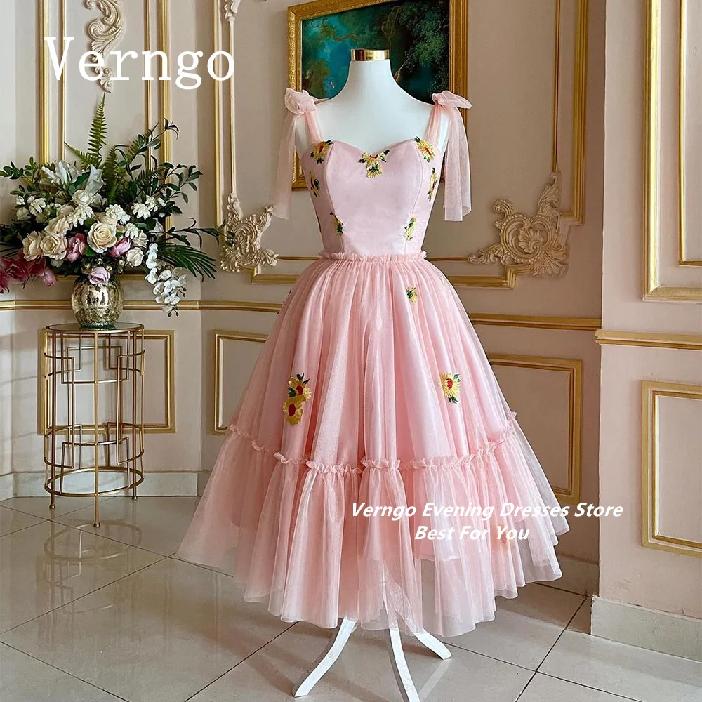 

Verngo Pink A Line Evening Dress Spaghetti Straps Party Dress Flower Appliques Prom Gowns Ankle Length Formal Occasion Dress