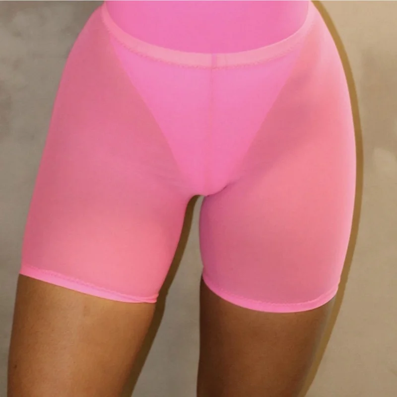 

High Waist Women Sexy Neon Green Pink Perspective Mesh Sheer Swim Shorts Bikini Bottom Cover Up Solid Beachwear Womens Clothing