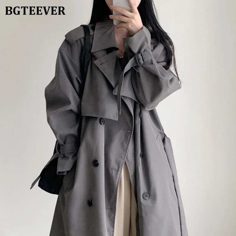 

BGTEEVER Elegant Loose Double Breasted Belted Female Windbreaker Autumn Winter Pockets Long Trench Coats Women