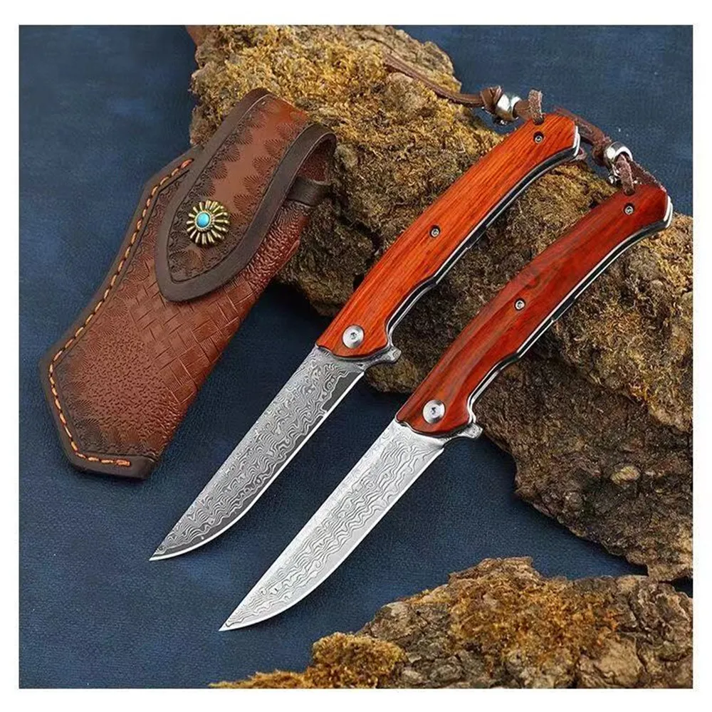 

VG10 Damascus Steel Tactical Pocket Folding Knife Wood Handle for EDC Outdoor Camping Hunting Survival Self Defense Jackknife