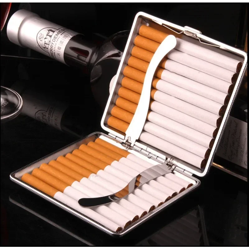 

20 Sticks Gift for Men's Leather Cigarette Box Cigar Case Metal Leather Smoking Accessories Cigarette Lady Storage Cover Hold