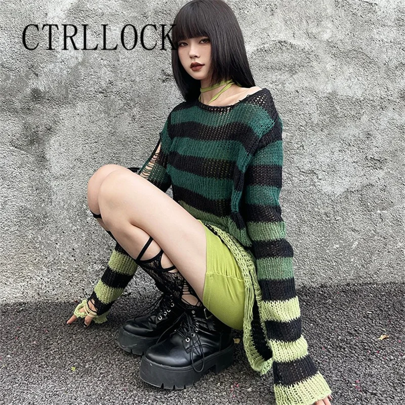CTRLLOCK Punk Frayed Holes Knitted O-neck Sweater For Women Casual Elastic Striped Loose Rock Pullover Streetwear
CTRLLOCK Punk Frayed Holes Knitted O-neck Sweater For Women Casual Elastic Striped Loose Rock Pullover Streetwear