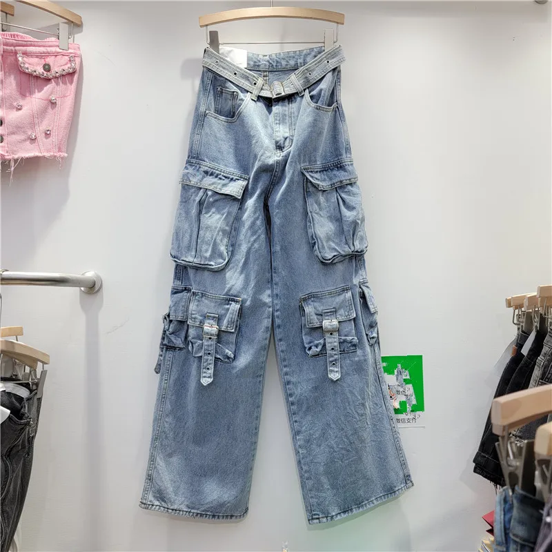 

2024 Spring Autumn New Blue Washed High Waisted Jeans Women Straight Tube Loose Fitting Wide Leg Workwear Pants LX025