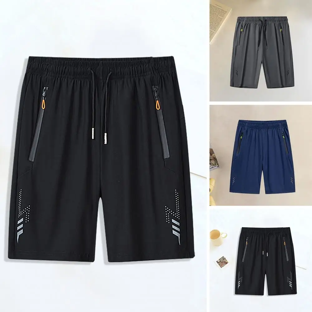 

Summer Cool Ice Silk Men's Shorts Straight 7-point Pant Thin Quick-Dry Sport Baggy Elastic Waist Drawstring Zipper Pocket Shorts