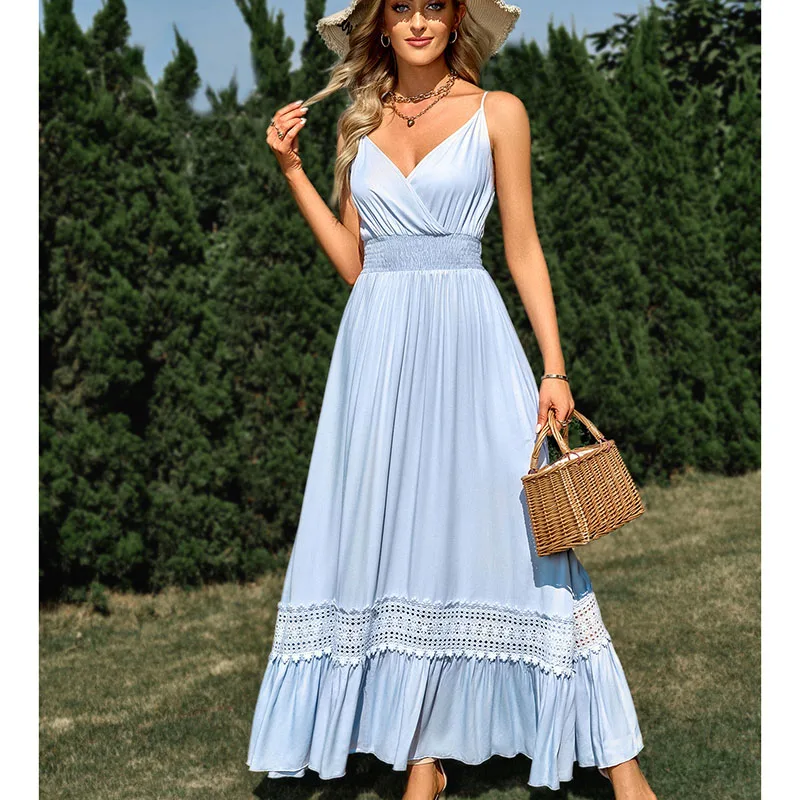 

Back Dresses for Home Chic and Elegant Evening Women's Birthday Long Suspender Dress Sexy V-neck Waist A-line Large Swing Pleats