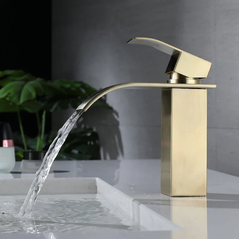 

Brushed Gold Basin Waterfall Faucet Deck Mounted Stainless Steel Hot & Cold Water Mixer Bathroom Toilet Vanity Vessel Faucets
