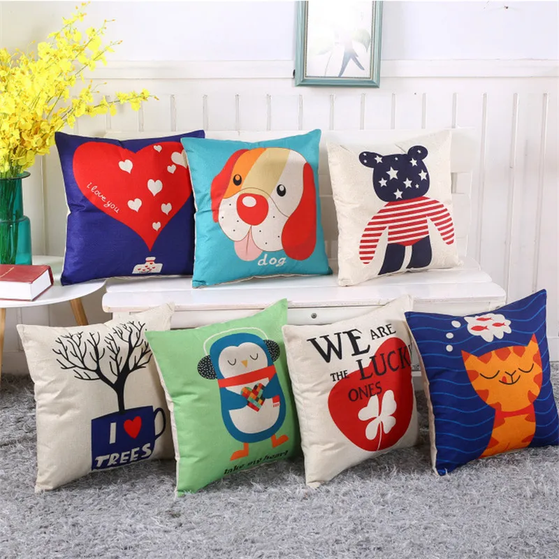 

45x45cm Cotton Linen Sofa Cushion Cover Cartoon Animal Printed Home Living Room Decor Throw Pillowcase