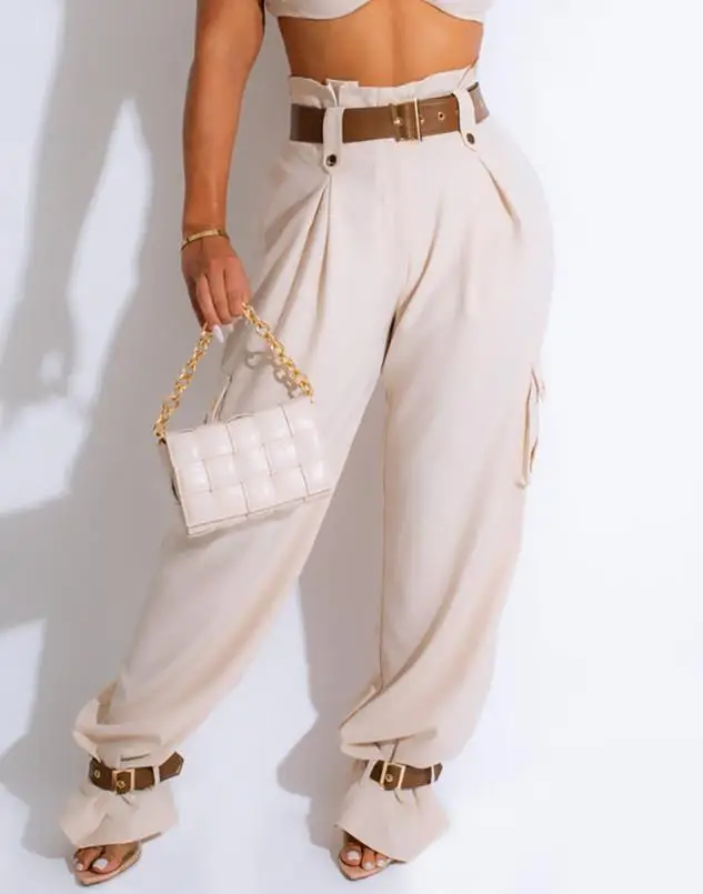 

Women's Elegant Pants Fashion New Paperbag Waist Belted Pocket Design Cargo Pants Female Trouser Bottom Long Pants Streetwear