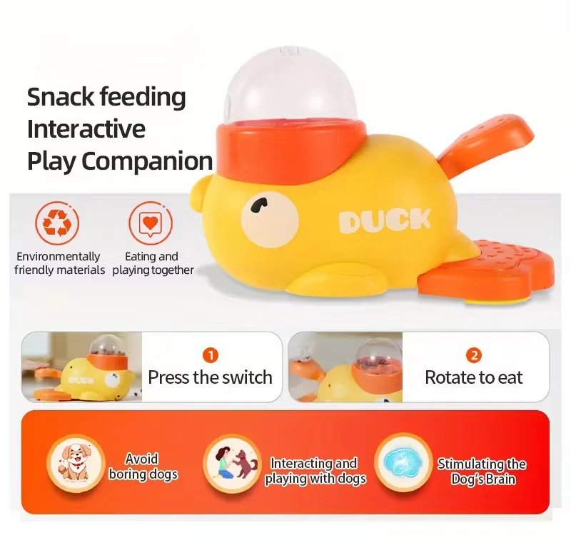 Interactive Dog Feeding Toy | Automatic Cartoon Duck Design A close-up studio shot of the yellow duck-shaped interactive feeder with "DUCK" printed on the side. The image includes icons for "Environmentally friendly materials" and "Eating and playing together," alongside the two-step operation guide and brain stimulation benefits.