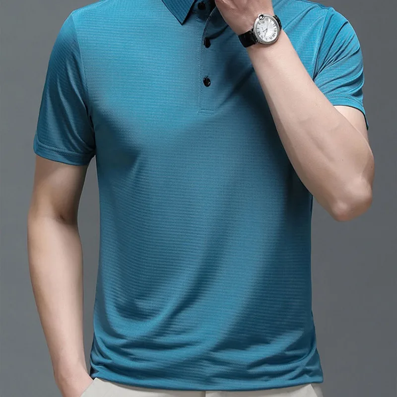 

Men Short Sleeve Fashion Polo Summer Loose Ice Silk Slim Turn-down Collar Breathable Loose Fitting Button Solid Color Tops