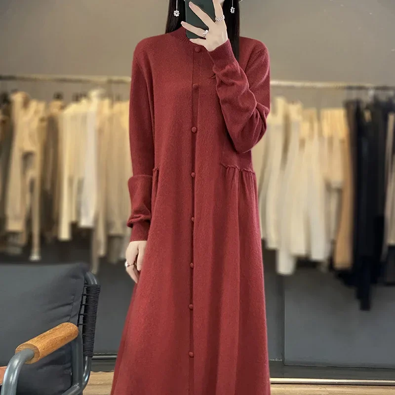 

100% Pure Wool Dress 2023 New Semi-High Collar Women's Loose Medium And Long Bottoming Cashmere Knitted Sweater Skirt