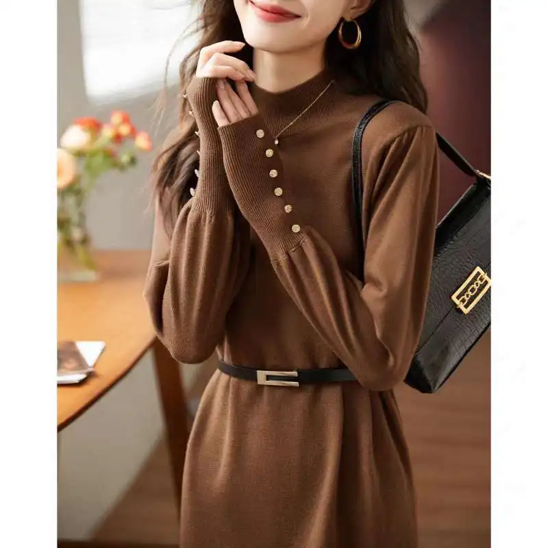 Spring and Autumn Women's Solid Half High Collar Lantern Sleep Puller Midi Button Sashes Fashion Office Lady Knitted Dress
Spring and Autumn Women's Solid Half High Collar Lantern Sleep Puller Midi Button Sashes Fashion Office Lady Knitted Dress