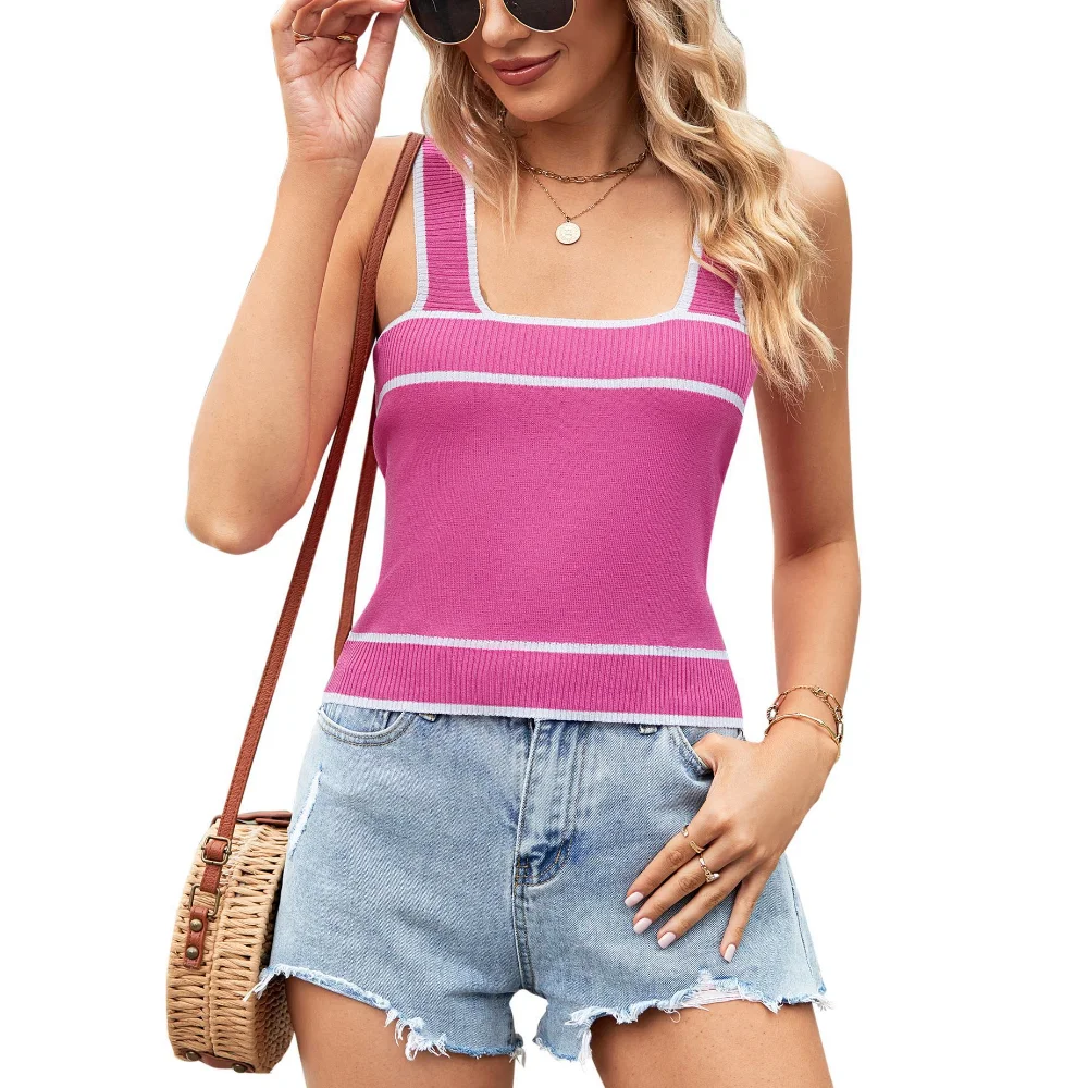 

Summer Women's Fashionable Backless Tanks & Camis Tops Streetwear Color Block Knit Cropped Slim Fit Navel-exposed Vest Y2k Top