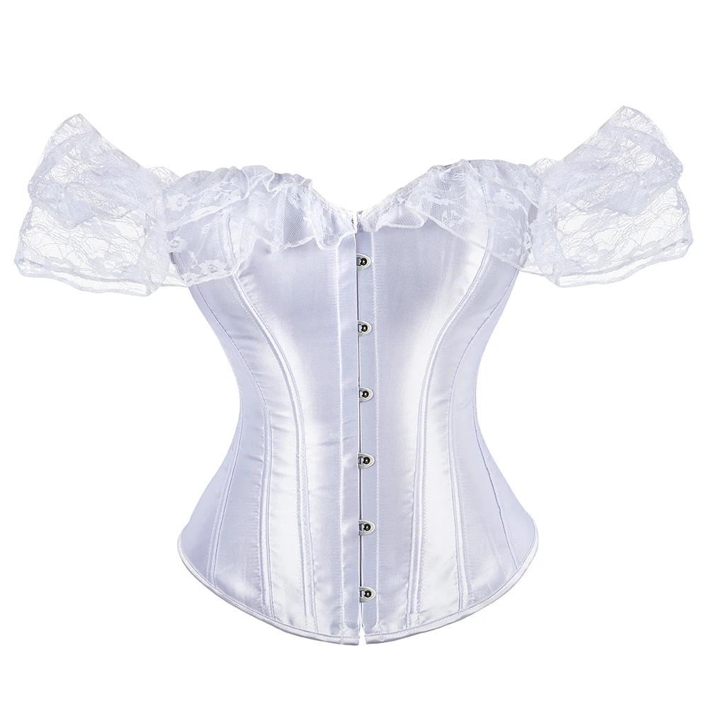 

Women Lace Short Sleeves Corset Waist Bustier Top Black White Neck Close-fitting Tops