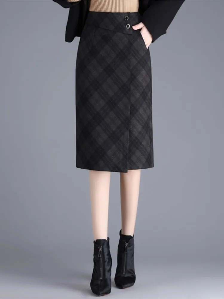 

ZUZK Grid Woolen Wrap Skirt For Women Autumn Winter 2023 New High Waisted Slimming Knee-Length Bodycon Skirts