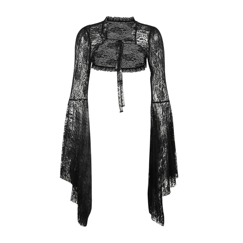 

Punk Goth Crop Top Open Front Shrug Women Long Sleeve Cover Up Blouses Tops Tie Front Long Sleeve Cropped Shirt