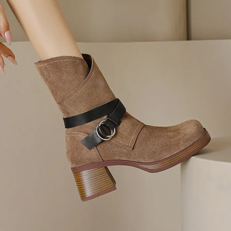 

Khaki Brown Suede Women Western Boots Gladiator Strap Buckle Cowboy Botas Platform Square High Heels Autumn Botines Femmes