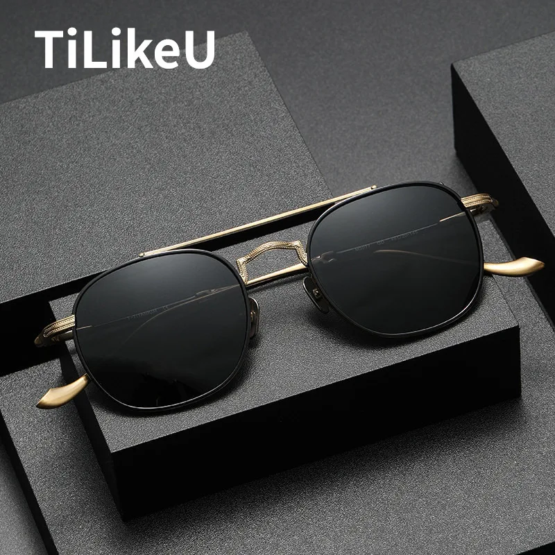 

Luxury Pure Titanium Men Sunglasses Classic Double Bridge Square Frame Retro Shades Fashion Gradient Polarized Lenses 100%UV400