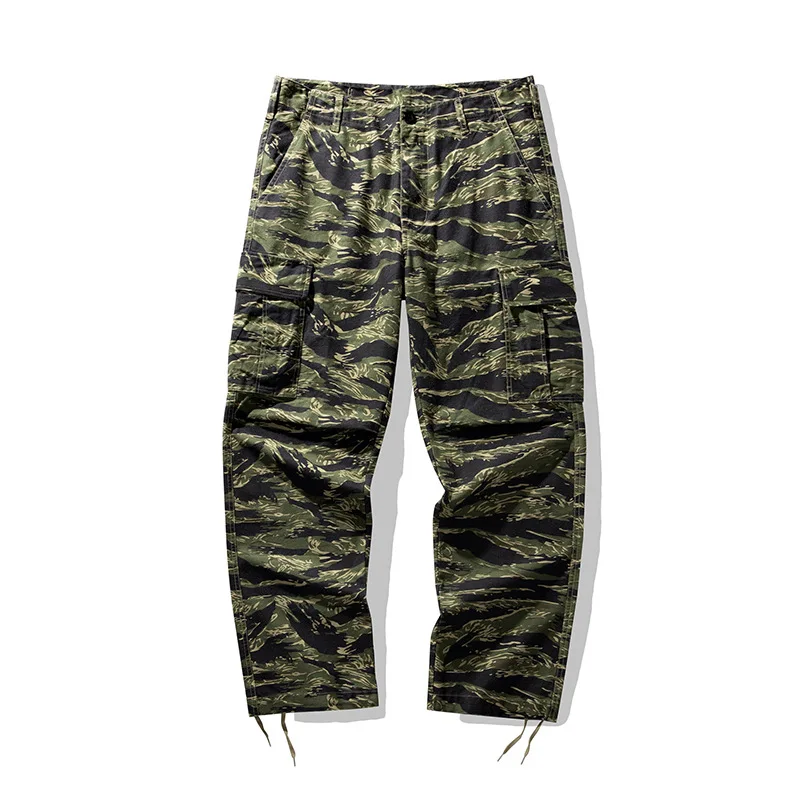 

Drawstring Leg Heavyweight American Casual Pants Tiger Pattern Camo M-65 Men Multi Pockets Camouflage Workwear Straight Trousers
