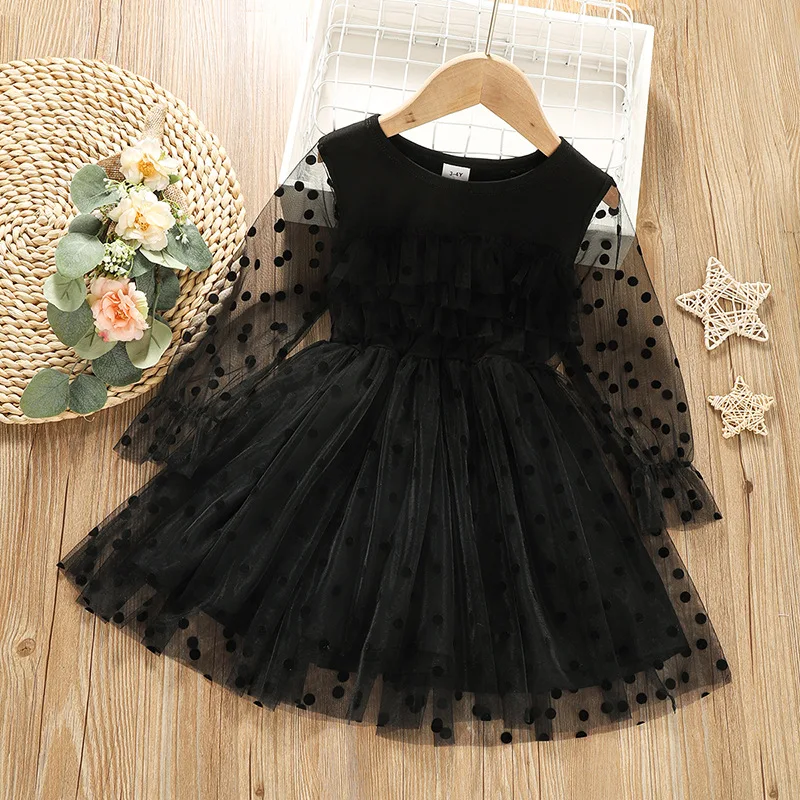 Fashion Dress Dot Lace Long Sleeve Solid Black Princess Small Girl Skirt Flower Girl Dresses Kids Dresses for Girls 4-6y
Fashion Dress Dot Lace Long Sleeve Solid Black Princess Small Girl Skirt Flower Girl Dresses Kids Dresses for Girls 4-6y