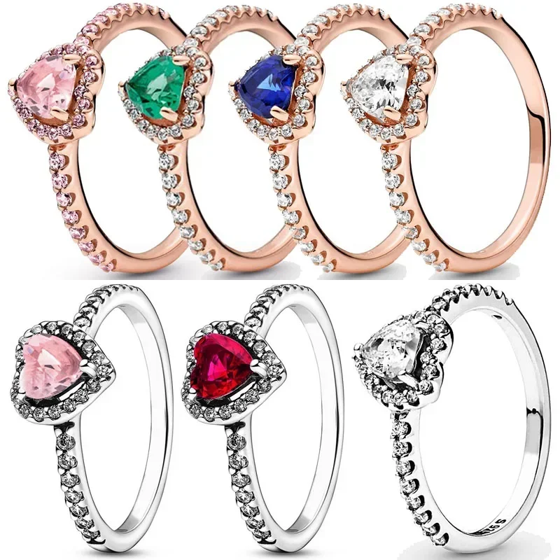 

Женское кольцо из серебра 925 пробы, с поднятым красным, зеленым, синим, розовым сердцем и кристаллом, подарок на день рождения, модные ювелирные украшения