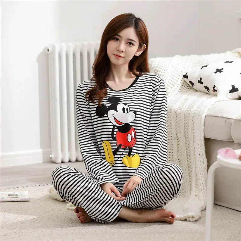 

Striped Mickey Minnie Pajamas Spring Autumn New Pajamas Women's Long-sleeved Trousers Cartoon Loose Home Clothes Suit Disney