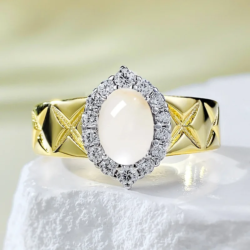 

S925 Silver Ring Natural Water Foam Jade Egg Face 5 * 7 Zircon Inlaid Fashion Versatile Ring Boutique Jewelry for Women