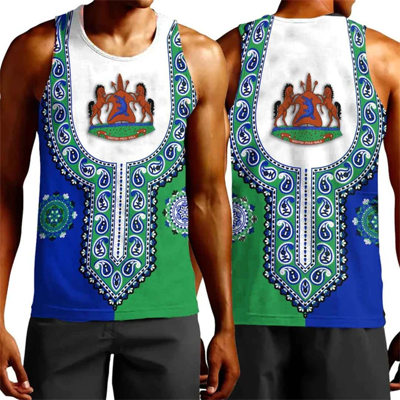 

Lesotho Map Flag 3D Print Tank Top For Men Clothes Dashiki Paisley Vest National Emblem Waistcoat Africa Country Boy Tops