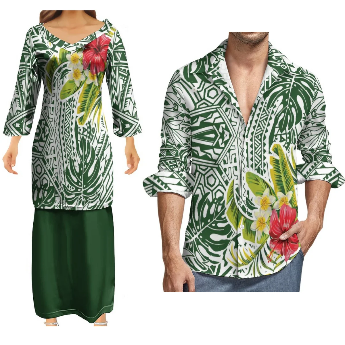 

Support Your Design With Women'S Long Sleeve Dress Pletasi Dress And Men'S Long Sleeve Shirt Polynesian Tribe Couple Suit