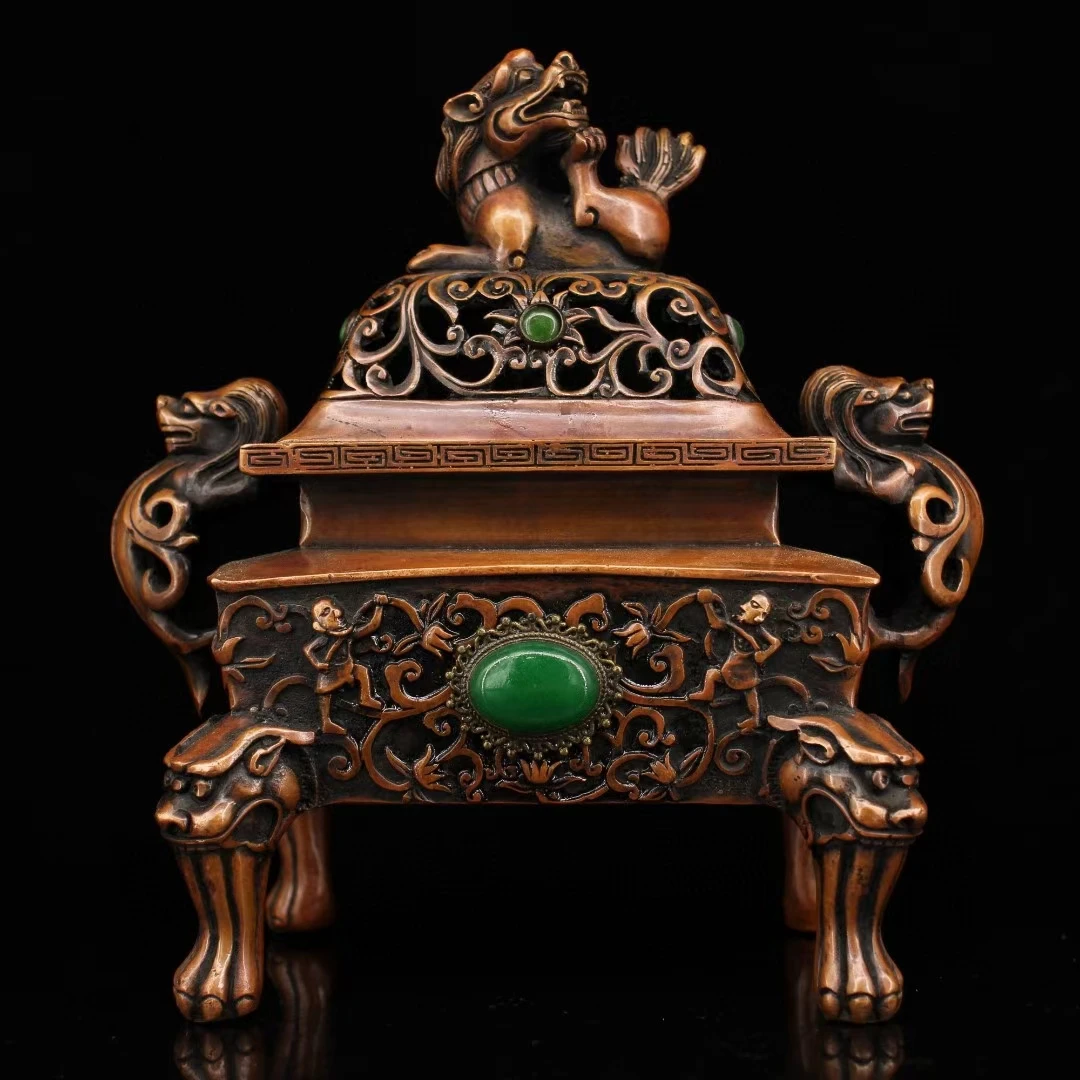 

Very Rare Red Copper Censer Incense Burner Lion Dog Cover Lucky Beast On Both Signed Bottom Inlay Green Jade Gem