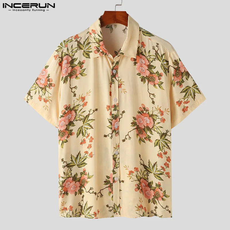 

Повседневные стильные топы для отпуска INCERUN, новые мужские рубашки с цветочным принтом, уличная одежда, мужская блузка с отложным воротником и коротким рукавом, модель 2024