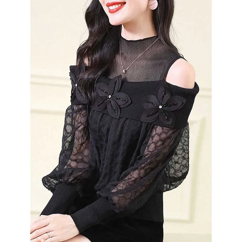 

Elegant Gauze Lace Spliced Beading Off Shoulder Blouses Women's Clothing Spring New Loose All-match Tops Office Lady Shirts E580
