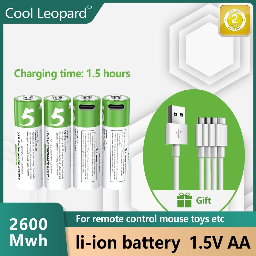 2023 New 1.5V USB AA Rechargeable Battery 2600 mAh Li-ion Battery for Remote Control Mouse Electric Toy Battery + Type-C Cable
2023 New 1.5V USB AA Rechargeable Battery 2600 mAh Li-ion Battery for Remote Control Mouse Electric Toy Battery + Type-C Cable