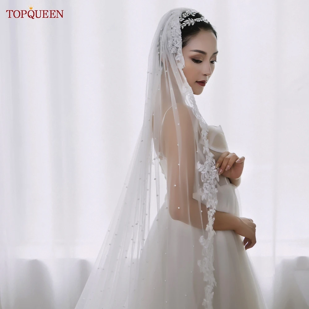 

TOPQUEEN V82 Wedding Veil Beading Pearl Veils Cathedral Length Lace Edge 1 Tier Bridal Veil High Quality White Ivory Long Veil