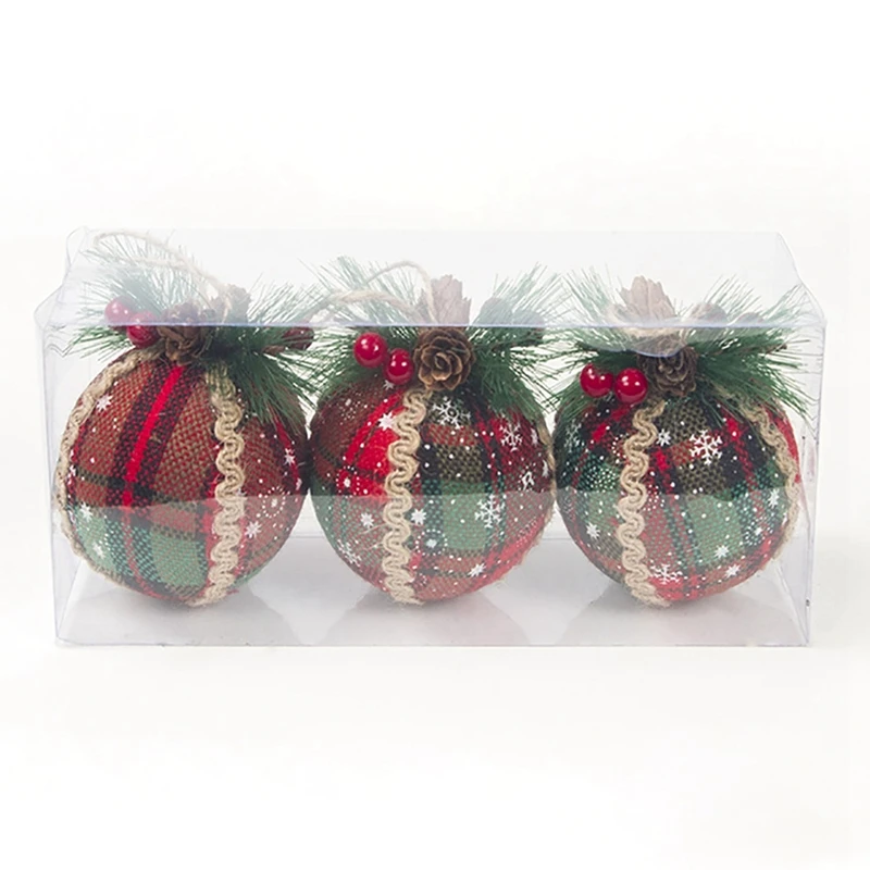 

3Pcs Red Plaid Painted Balls Christmas Tree Ornaments Gift PVC Ball Hanging Holiday Party Decor Christmas Pendant Home