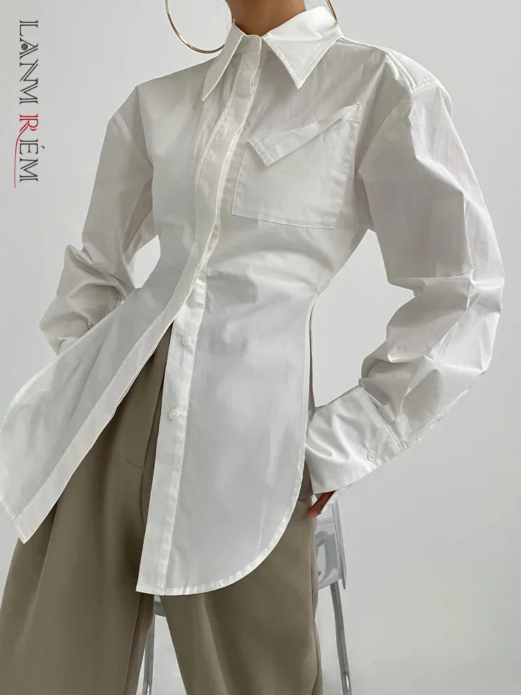

Рубашка LANMREM женская с присборенной талией, однобортная офисная блузка с отложным воротником и длинным рукавом, Белый Топ, лето 2024